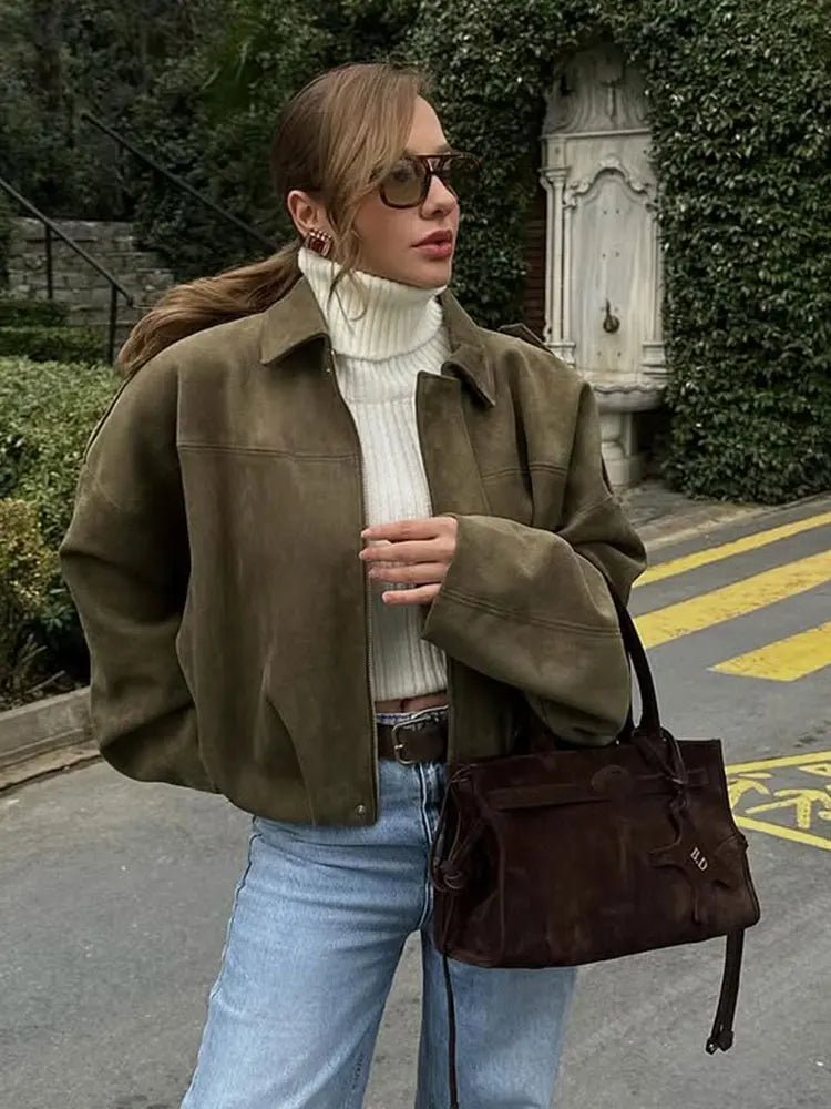 TRAFZA Women Brown Green Suede Jacket Loose Casual Bomber Coat Lapel Zipper Long Sleeve Jackets Vintage Lady Motorcycle Outwears