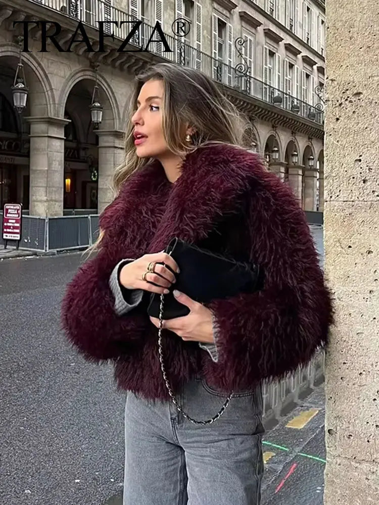 TRAFZA Women Elegant Faux Fur Coat Warm Fluffy Loose Long Sleeve Lapel Jacket Autumn Winter Fashion High Street Lady Outerwear